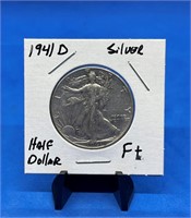 1941 D Silver Walking Liberty Half Dollar (F+)