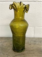 Vintage Olive Green Crackle Glass Vase