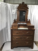 DRESSER WITH MARBLE TOP, MIRROR, AND WOODEN B