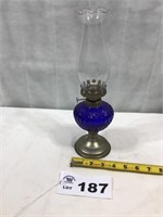BRASS AND BLUE OIL LAMP