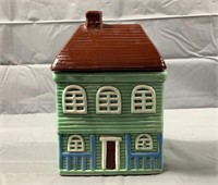 9" Green & Brown Ceramic House Cookie Jar