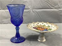 7" Dec. Cake Plate & Blue Colored Glass Goblet