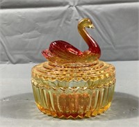 5x2" Amberina Swan Glass Trinket Box