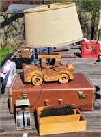Vintage Suitcase, Wood Car Lamp & More