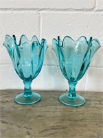 2 Vintage Art Glass Aqua Blue Footed Pedestal