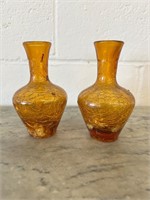 2 Amber crackle vases vintage small