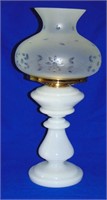 VTG MILK GLASS OIL LAMP & FROSTED FLORAL SHADE