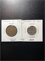 1909 Canada cent and 1951 Canada 5 cent