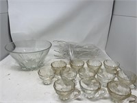 Punch bowl, cups, plastic serving utensils