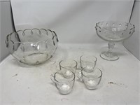 34 Federal Glass cups, punch bowl, candy dish