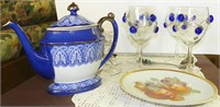 Tea Pot, Golden Crown 1886 Plate, Glasses & More