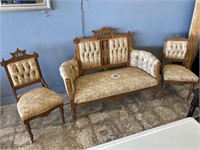 ANTIQUE SOFA AND TWO CHAIRS ON CASTERS