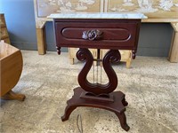 ANTIQUE MARBLE TOP SIDE TABLE W/DRAWER 18” X 14”