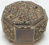 FOOTED JEWELRY BOX, GEMSTONE DECORATED TOP