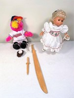 vintage slider, doll & wooden swords