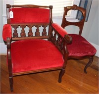 2 Velvet Chairs- 1 Red Armchair & 1 Burgundy Chair