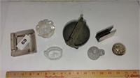 assorted glass, cast iron, tin items