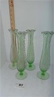 4 green glass tulip vases