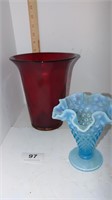 red glass vase, blue Fenton ruffled vase