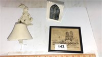 2 church depictions, cast iron bell w/rabbit