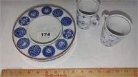 Asian stamped dish and 2 tea cups