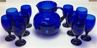 COBALT BLUE PITCHER & 10 GLASSES