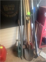 2+/- shovels, post hole diggers, rake garden hoe