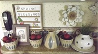 BLUE AND CREAM PITCHER AND BOWLS, APPLES