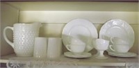 MILK GLASS PITCHER GLASSES CUPS SAUCERS 2 DINNER P