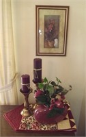 TABLE RUNNER, CANDLES, VASE AND PICTURE