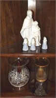 RELIGIOUS STATUES & 2 CANDLE HOLDERS