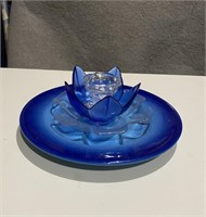 Blue Glass Plate Candle Holder Handmade