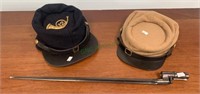 2 Civil War reenactment hats and a bayonet - both