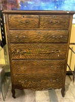 Antique tiger oak tall dresser with six drawers -