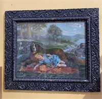 Antique framed Victorian print - girl with St.