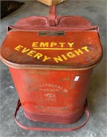 Small antique red metal trash can marked  "Empty