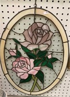 Pink rose oval stain glass window sun catcher