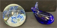 One pair of glass paper weights - blue whale