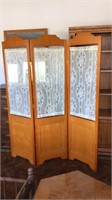 Wood and lace tri-fold room divider. Each panel