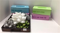 Wooden tray with 5 oversized bows and 4 boxes of