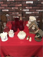 Clock glass vases and miscellaneous