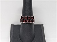 .925 Sterling Silver Garnet  Double Row Ring