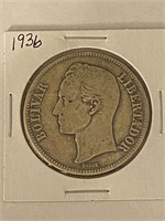 1936 Venezuela 1 Bolivar Silver