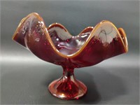 Vintage Viking Glass Red Compote w/ Amber Ruffled