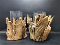 Two Large Driftwood Style Candle Holders