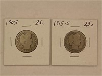 (2) Barber Quarters Semi-Key Dates 1905, 1915-S