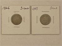 (2) 3 Cent Nickels 1866, 1869