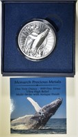 1 TROY OUNCE .999 SILVER DOMED  WHALE  ROUND