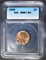 1938 LINCOLN CENT  ICG MS-67 RD