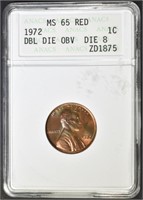 1972 DDO LINCOLN CENT  ANACS MS-65 RED